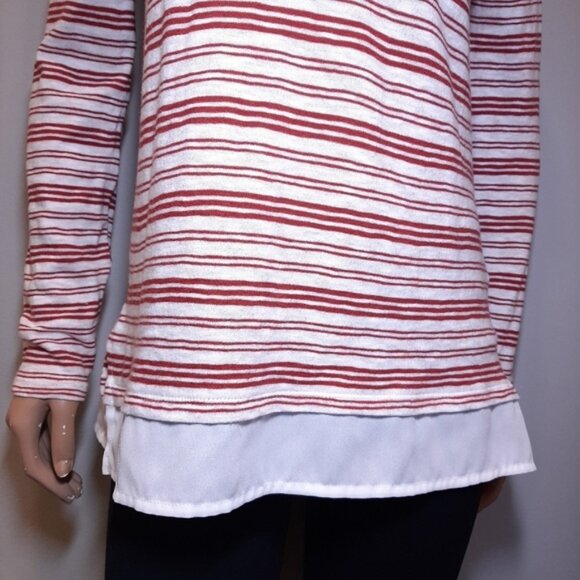 3/$20 Denver Hayes Striped Knit Top Faux Layered Hem Cotton Burgundy White - Picture 3 of 13